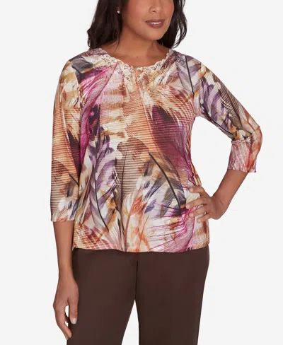 Alfred Dunner Women's Wine Country Feathers Lace Detailed Crew Neck Top In Multi Red