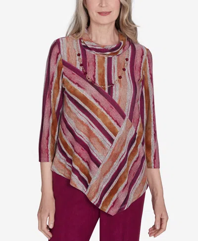 Alfred Dunner Women's Wine Country Spliced Stripe Top With A Detachable Necklace In Mured