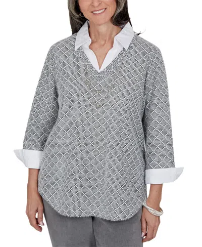 Alfred Dunner Women's 3/4-sleeve Curved-hem V-neck Tunic In Gray