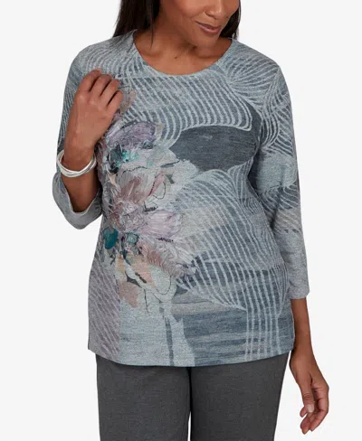 Alfred Dunner Women's 3/4-sleeve Floral-print Knit Top In Gray