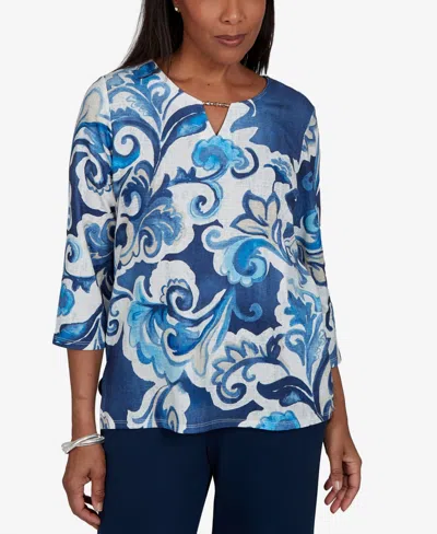 Alfred Dunner Women's 3/4-sleeve Keyhole Neck Knit Top In Ink