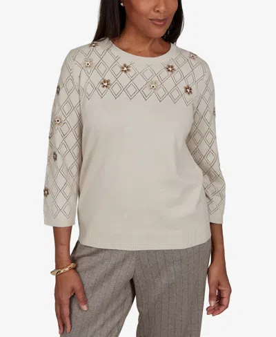 Alfred Dunner Women's 3/4-sleeve Pointelle Diamond-pattern Floral-embellished Sweater In Latte