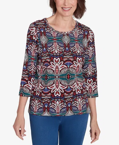 Alfred Dunner Petite Key Items Abstract Leaf Print Three Quarter Sleeve Top In Multi