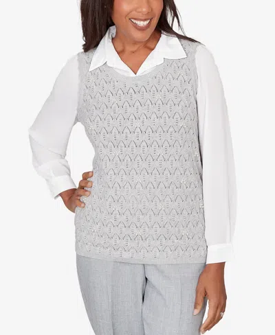 Alfred Dunner Women's Al Fresco Pointelle Mother Of Pearl Lace Two In One Sweater In Gray
