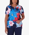 ALFRED DUNNER WOMEN'S ALL AMERICAN DRAMATIC FLOWER SHORT SLEEVE TOP WITH RUCHING