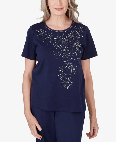 Alfred Dunner Women's All American Embellished Beaded Firework Short Sleeve Top In Navy