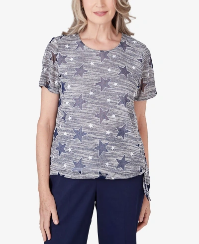 Alfred Dunner Petite All American Lined Space Dye Stars Crew Neck T-shirt With Side Tie In Navy