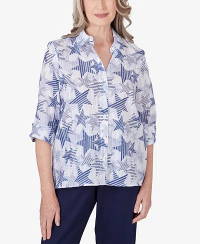 Alfred Dunner Women's All American Stars And Stripe Button Down Blouse Top In Blue