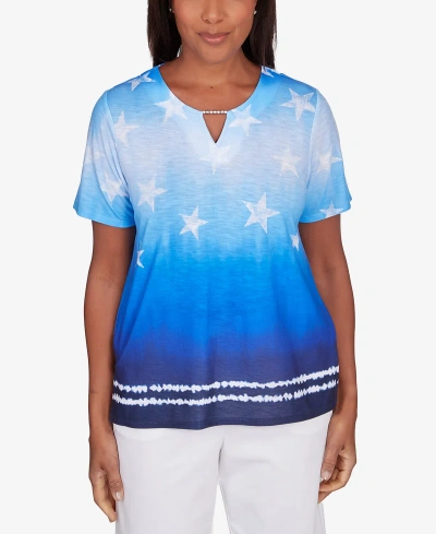 Alfred Dunner Women's All American Tie Dye Stars Short Sleeve Tops In Blue