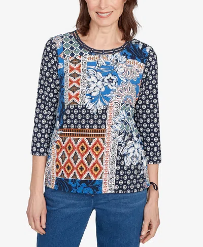 Alfred Dunner Women's Batik Patchwork Drawstring Crew Neck Top
