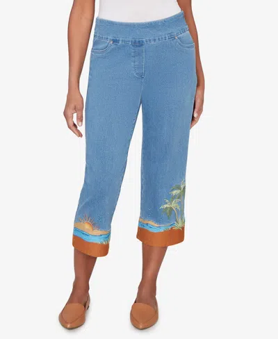 Alfred Dunner Women's Beachcomber Beach Embroidered Cuff Super Stretch Denim Capri Jeans In Purple