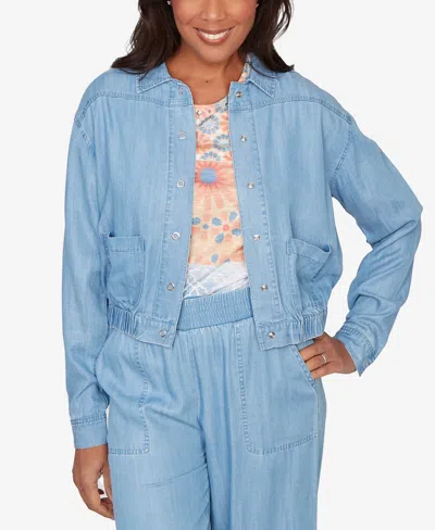 Alfred Dunner Women's Beachcomber Casual Elastic Lyocell Shirt Jacket In Blue