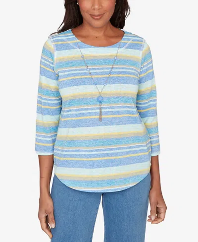 Alfred Dunner Plus Size Beachcomber Coastal Striped Top With Necklace In Blue