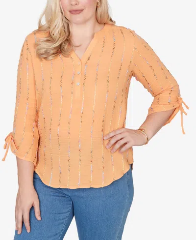 Alfred Dunner Plus Size Beachcomber Eyelash Gauze Textured Tie Sleeve Henley Top In Burgundy