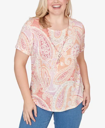 Alfred Dunner Women's Beachcomber Paisley Short Sleeve T-shirt With Necklace In Pink