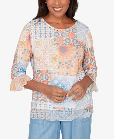 ALFRED DUNNER WOMEN'S BEACHCOMBER PATCHWORK MEDALLION RUFFLE SLEEVE TOP