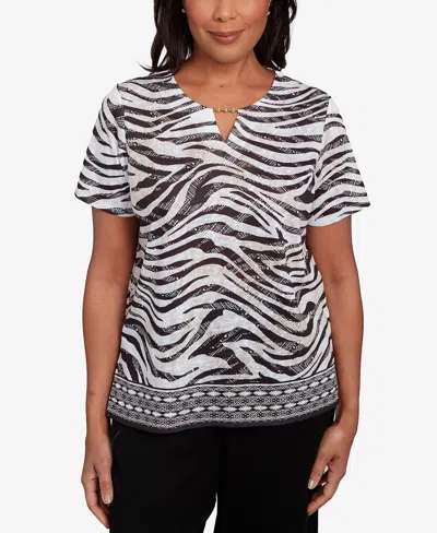 Alfred Dunner Women's Beaded Split Neck Animal Print Top In Black,tan
