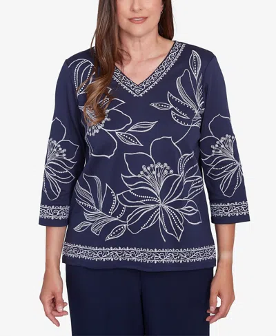 ALFRED DUNNER WOMEN'S BLOCK ISLAND DYNAMIC FLORAL EMBROIDERED V NECK TOP