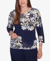 Alfred Dunner Petite Embellished Daisy Crew Neck Sweater In Navy Multi