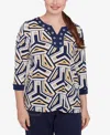Alfred Dunner Plus Size Block Island Geometric Grommet Trim Top In Navy Multi
