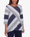 Alfred Dunner Plus Size Block Island Spliced Stripe Crew Neck Textured Top In Navy Multi