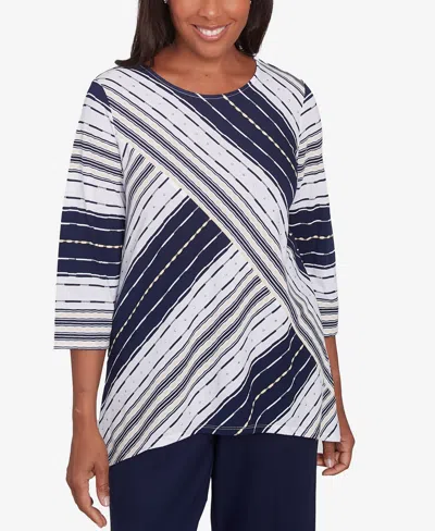 Alfred Dunner Plus Size Block Island Spliced Stripe Crew Neck Textured Top In Navy Multi