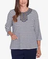 Alfred Dunner Plus Size Block Island Striped Top With Embroidered Neckline In Navy Multi