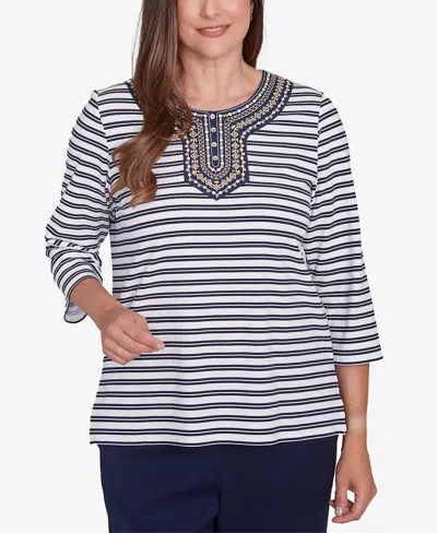 Alfred Dunner Women's Block Island Striped Top With Embroidered Neckline In Multi