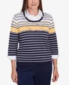 Alfred Dunner Petite Striped Two In One Collared Sweater With Necklace In Navy Multi