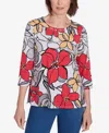 Alfred Dunner Petite Key Items Bold Floral Print Three Quarter Sleeve Tee In Multi