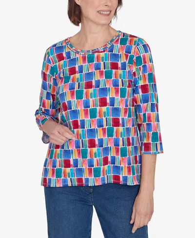 Alfred Dunner Petite Key Items Box Print Short Sleeve Top In Multi