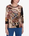 Alfred Dunner Petite Key Items Braided Neck Paisley Tee In Black,tan