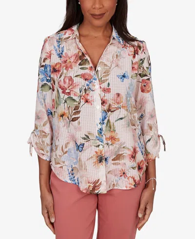 Alfred Dunner Women's Camden Market Botanical Butterfly Button-front Top In Pink