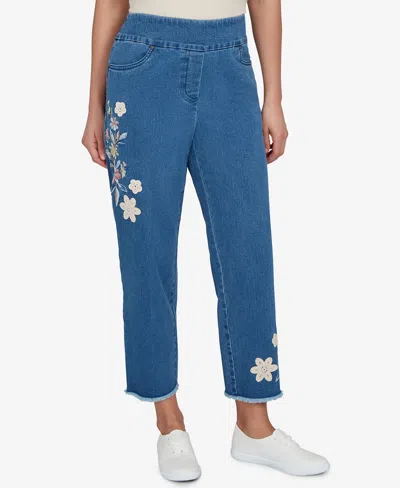 Alfred Dunner Plus Size Camden Market Floral Crochet Applique Ankle Jeans In Blue