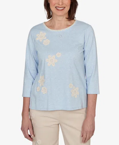Alfred Dunner Plus Size Camden Market Floral Stitches Heathered Knit Top In Blue
