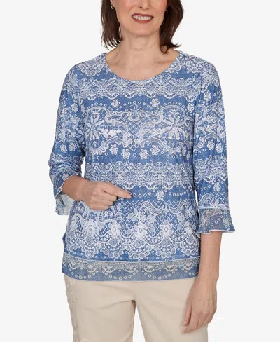 Alfred Dunner Plus Size Camden Market Lacey Striped Knit Top In Blue