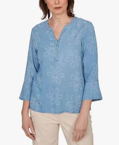 Alfred Dunner Plus Size Camden Market Tonal Embroidered Soft Henley Top In Blue
