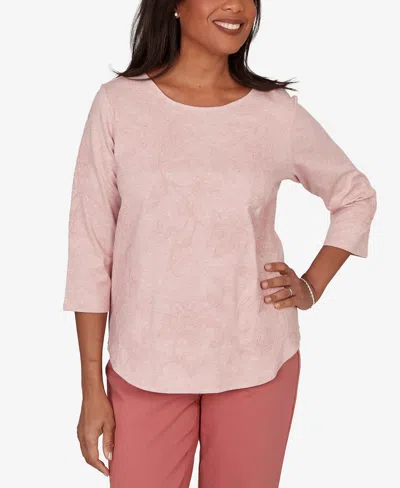 Alfred Dunner Plus Size Camden Market Tonal Floral Soutache Knit Top In Pink
