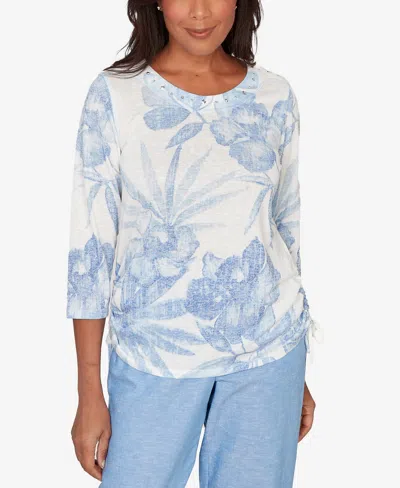 Alfred Dunner Women's Caribbean Blues Monotone Dramatic Floral Tropical Top