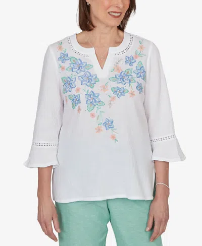 Alfred Dunner Women's Caribbean Blues Tropical Floral Split Neck Embroidered Top In White