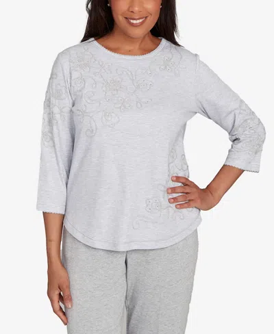 Alfred Dunner Women's Casual Vibe Asymmetrical Floral Embroidered Detail Top In Gray