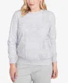 Alfred Dunner Petite Casual Vibe Embroidered Patchwork Long Sleeve Top In Gray