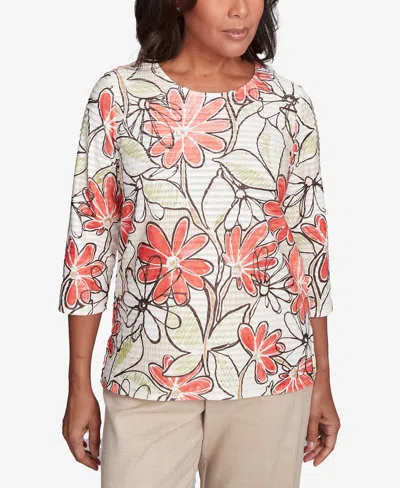 Alfred Dunner Women's Catalina Island Bold Island Floral Textured Top In Tangerine Multi