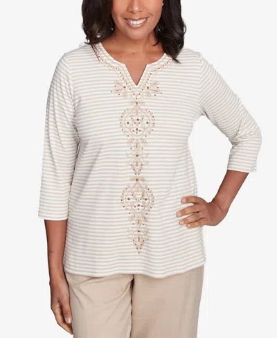 Alfred Dunner Women's Catalina Island Bold Medallion Stripe Top In Linen