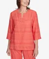 Alfred Dunner Plus Size Catalina Island Solid Textured Lace Trim Round Neck Top In Tangerine