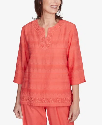 ALFRED DUNNER WOMEN'S CATALINA ISLAND SOLID TEXTURED LACE TRIM TOP