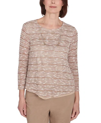Alfred Dunner Petite Space-dyed Textured Top With Necklace In Neutral