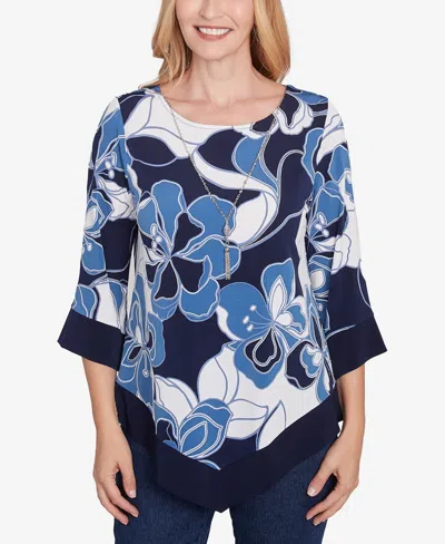Alfred Dunner Women's Classic Abstract Bold Floral Patchwork Top With Necklace In Navy