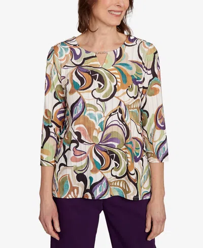 Alfred Dunner Women's Classic Abstract Scroll Split Neck Top In Neutral