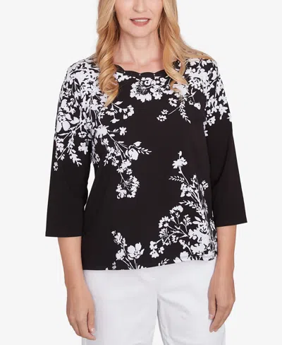 Alfred Dunner Women's Classic Asymmetric Floral Monotone Crewneck Top In Black,white
